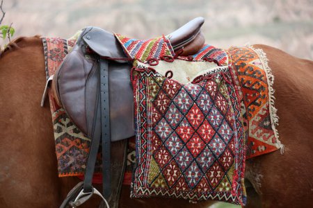 Foto de Sillín y alforja tradicional en Anatolia. Detalle de imagen de un caballo marrón. - Imagen libre de derechos