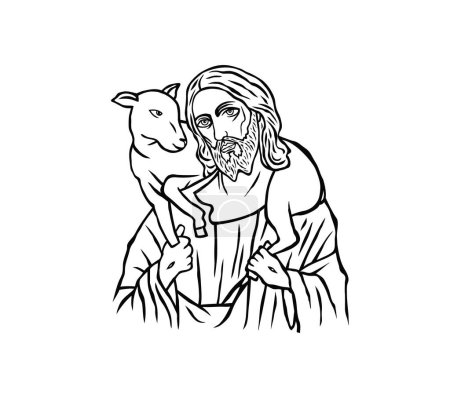 Téléchargez les illustrations : Jésus le Bon Pasteur, dessin vectoriel d'art - en licence libre de droit