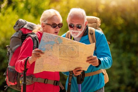 Photo for Senior couple looking at the map during the hike in forest. - Royalty Free Image