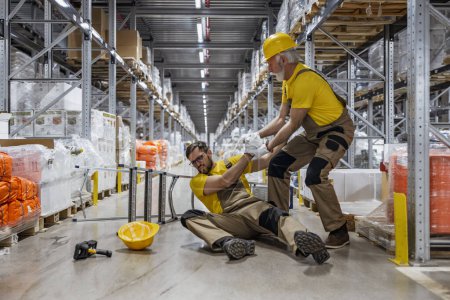 Photo for Warehouse worker falling down before trying to pick up heavy cardboard box from the shelf. Hard injury at work. - Royalty Free Image