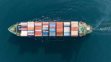 Photo for Large container ship at sea. Aerial view of cargo container ship vessel import export container sailing. - Royalty Free Image