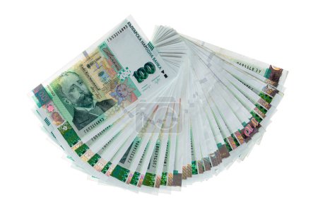 Foto de Un montón de billetes, dinero búlgaro. Billetes en moneda búlgara 100 leva, BGN. Concepto de finanzas - Imagen libre de derechos