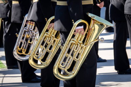 Photo for Naval orchestra with tubas. View of tubas in military orchestra - Royalty Free Image