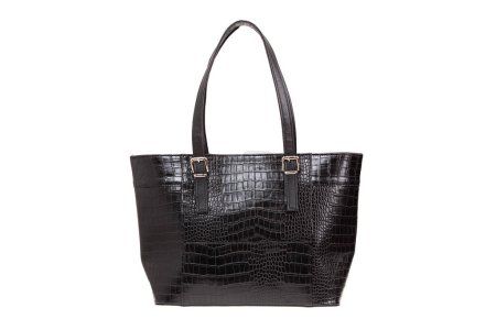 Photo for Black, leather elegant women bag. Fashionable female handbag, isolated - Royalty Free Image