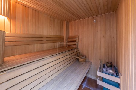 Photo for Standard wooden sauna room interior - Royalty Free Image