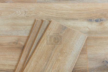 Photo for Wooden floor samples of laminate. Timber, laminate flooring. - Royalty Free Image