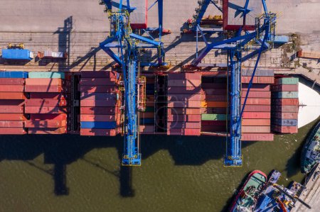 Photo for Container ship loading and unloading in port, Aerial view of logistic import and export freight transportation by container ship, - Royalty Free Image
