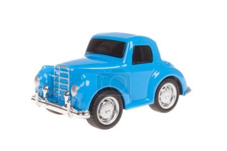 Foto de Lindo juguete retro coche azul, aislado en blanco - Imagen libre de derechos