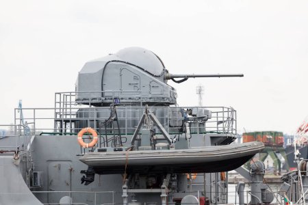 Modern weapons on the deck of a military ship. Weapon system for defense