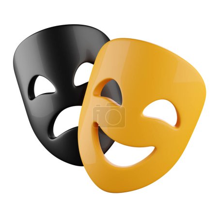 Téléchargez les photos : Masques de théâtre jaune et noir 3d rendu illustration. Joyeux sourire et tristes masques. Concept d'événement de divertissement - en image libre de droit