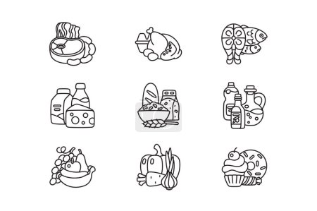 Téléchargez les illustrations : Les icônes des produits alimentaires définissent l'illustration vectorielle. Produits de viande, produits laitiers, boulangerie, fruits de mer, fruits et légumes et bonbons concept plat - en licence libre de droit