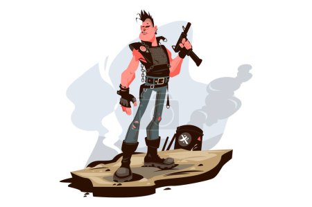 Ilustración de Punk rock hombre brutal con pistola en el campo de batalla ilustración vectorial. Hombre con pistola. concepto de estilo plano subcultura punk popular - Imagen libre de derechos