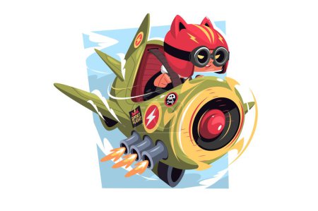 Ilustración de Aviador loco en casco de gato volando en avión de hélice, ilustración vectorial de vuelo deportivo. Piloto enloquecido en concepto plano de avión militar - Imagen libre de derechos