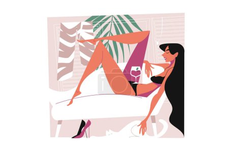 Illustration for Young woman in swimsuit relaxing on sofa and drinking wine vector illustration. Time to rest and chilling. Summer vacation and holidays concept - Royalty Free Image