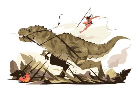 Illustration for Warrior fighting with dinosaur vector illustration. Fighter with spear attaching tyrannosaurus flat concept. Prehistoric world of dinosaurs - Royalty Free Image