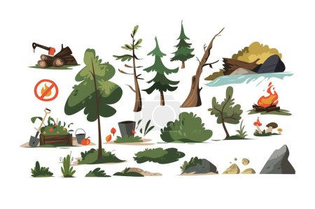 Illustration for Forest nature with trees and stones set vector illustration. Trees, hedges, bush, mushrooms and apples flat style concept - Royalty Free Image