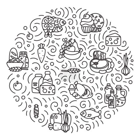 Téléchargez les illustrations : Composition ronde de produits alimentaires dans le style doodle avec des icônes de ligne, illustration vectorielle. Produits à base de viande, produits laitiers, boulangerie, fruits de mer, fruits et légumes et bonbons - en licence libre de droit