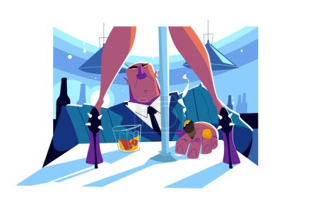 Illustration for Female strip dancer and male visitor vector illustration. Strip dance flat style concept. Striptease show, club performance, adult entertainment - Royalty Free Image