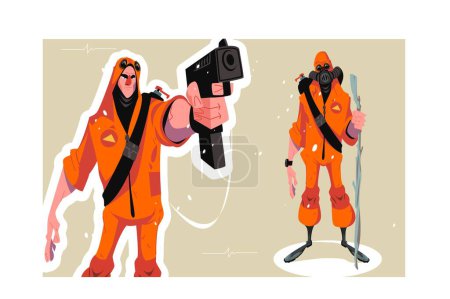Illustration for Close-up of man in bio-chemical protective coat holding gun. Nuclear war human, winter. Post apocalyptic future. Doomsday and survival people concept - Royalty Free Image