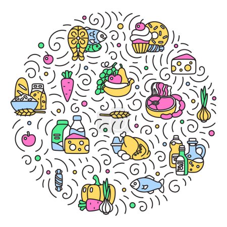 Téléchargez les illustrations : Composition ronde de produits alimentaires dans le style doodle avec des icônes de ligne, illustration vectorielle. Produits à base de viande, produits laitiers, boulangerie, fruits de mer, fruits et légumes et bonbons - en licence libre de droit