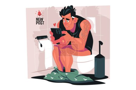Ilustración de Hombre sentado en el inodoro en casa, utilizando ilustración del vector del teléfono móvil. Un tipo en el asiento del baño con los pantalones bajados haciendo un nuevo post. Concepto de redes sociales y redes sociales - Imagen libre de derechos