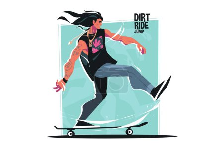 Illustration for Young skater jumping, skateboarding guy vector illustration. Teenagers street culture entertainment. Diet ride jump flat style concept - Royalty Free Image