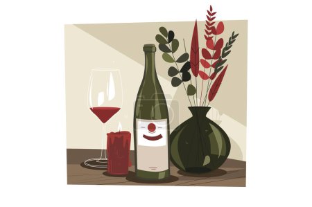 Téléchargez les illustrations : Vin romantique ensemble vectoriel illustration. Bouteille de vin rouge, verre à vin, bougie et vase avec des fleurs concept de style plat - en licence libre de droit