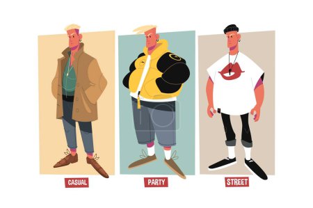 Illustration for Dudes in casual style clothes set vector illustration. Casual, party and street style of clothes flat concept. Fashion idea - Royalty Free Image