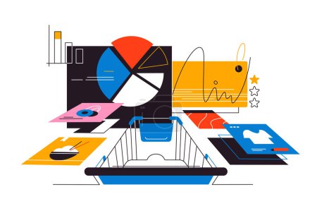 Illustration for Shopping cart products and data analysis vector illustration. Retail market research concept. - Royalty Free Image