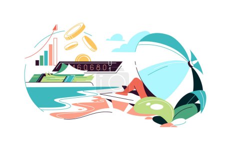 Téléchargez les illustrations : Passive income concept vector illustration. Person relaxing on a beach and earning money without actively working - en licence libre de droit