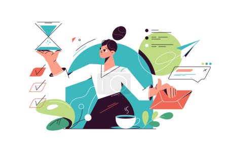 Illustration for Woman working on multiple tasks. Work efficiency and effective workflow concept vector illustration. - Royalty Free Image