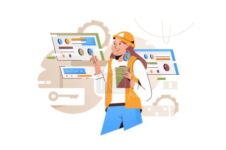 Téléchargez les illustrations : Construction Site Woman vector illustration Female worker managing control panel and operating machinery while wearing a protective helmet. - en licence libre de droit