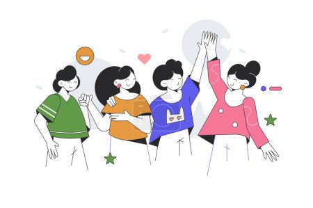 Illustration for Team of friends, woman friends vector illustration. Girls standing, giving five and posing together. Teamwork, togetherness and friendship concept - Royalty Free Image