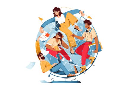 Ilustración de Global network of workers and processes, vector illustration. Colleagues discuss and exchange documents while seated at various angles on a globe. - Imagen libre de derechos