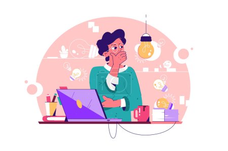Illustration for Man in office surrounded by ideas - lightbulbs lost in thought vector illustration. Desk cluttered with laptop, coffee, documents, idea search concept. - Royalty Free Image