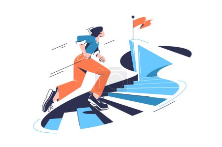 Illustration for Woman running towards top on stairs to the goal, vector illustration. Personal grow concept. - Royalty Free Image