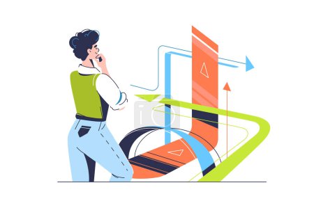 Illustration for Woman looking on several arrows following different directions, vector illustration. Sense of control and making decisions concept. - Royalty Free Image