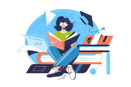 Illustration for Girl sits on giant books and read book. Science and aducation concept vector illustration. - Royalty Free Image