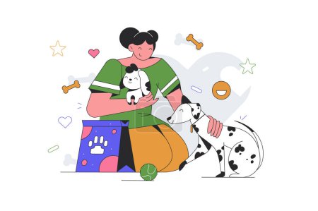 Illustration for Help homeless and needy animals, vector illustration. Animal care. Woman volunteer plays with dogs, feeds them. - Royalty Free Image