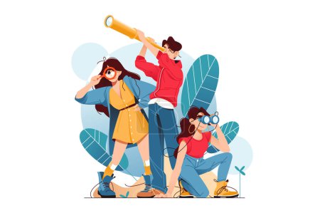 Three characters searching for someone or something,vector illustration. With telescopes, magnifying glass and binoculars. Exploration and discovery concept.
