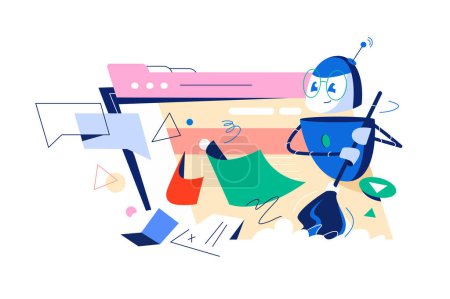 Illustration for The robot cleans a littered web page, vector illustration. A friendly robot puts things in order on the site. - Royalty Free Image