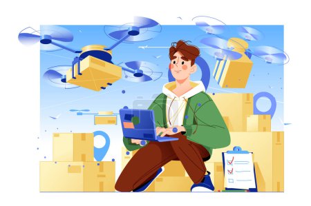 Illustration for E-commerce modern fast drone delivery concept. Man controls flying delivery drone from laptop, vector illustration. - Royalty Free Image