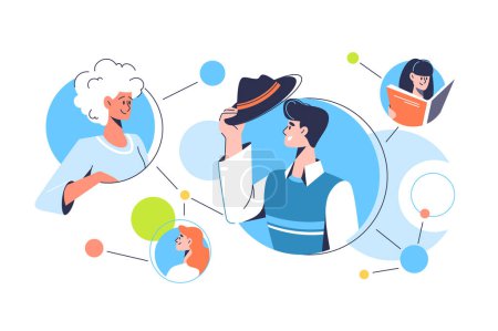 Illustration for Social network of people connections, vector illustration. Several circles with different people in it connected to each other. - Royalty Free Image
