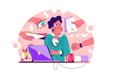 Téléchargez les illustrations : Stressed Office Worker vector illustration Man in an office overwhelmed with tasks symbolized by reaching hands handing him objects. - en licence libre de droit