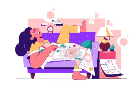 Illustration for Tired woman sleeping on office couch vector illustration. Girl surrounded by work documents and reminders. - Royalty Free Image