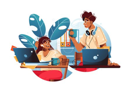 Illustration for Two colleagues working together with laptops, smiling, and surrounded by office documents and plants, vector illustration. - Royalty Free Image
