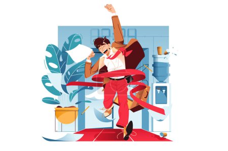 Illustration for Office worker races down corridor crossing finish line, vector illustration. Businessman triumphantly waving document and dropping papers in excitement. Finishing first symbolizes success. - Royalty Free Image