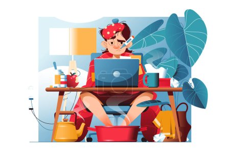 Ilustración de Sick man works from home, seated at cluttered desk with laptop, vector illustration. - Imagen libre de derechos