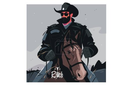 Formidable cowboy sits on horse and looks into distance, vector illustration