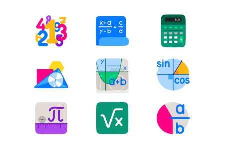 Mathematics and calculations icons set. Numbers and formulas vector icons.